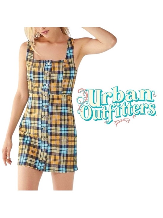 Urban Outfitters Dresses & Skirts - Urban Outfitters aqua blue yellow plaid denim 90’s Clueless Mini Dress Size 4